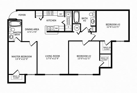 Floor plan for 3 beds, 2 baths, 1240 sqft